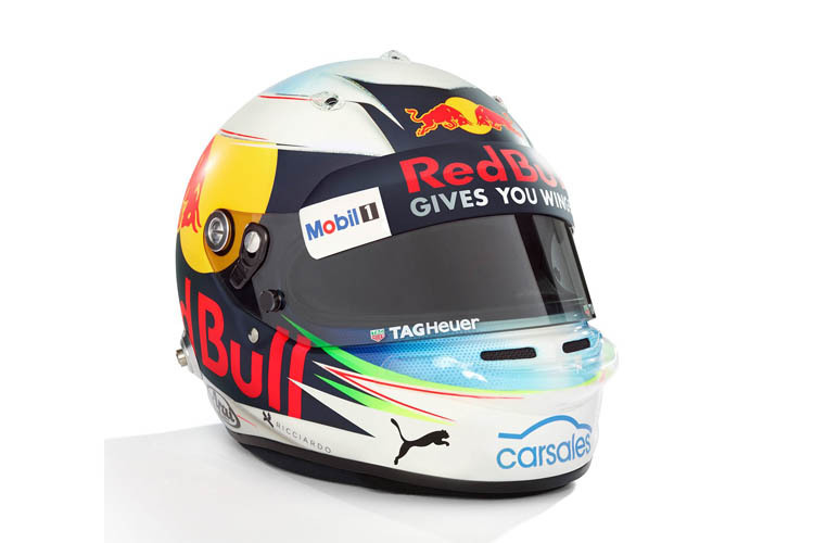 Neuer Sponsor am Kinn: Das Autohandelsunternehmen Carsales wirbt auf dem Kopfschutz von Ricciardo