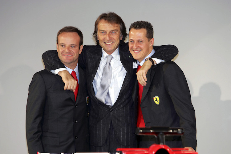 Luca Montezemolo 2005 bei der Ferrari-Präsentation mit Rubens Barrichello und Michael Schumacher