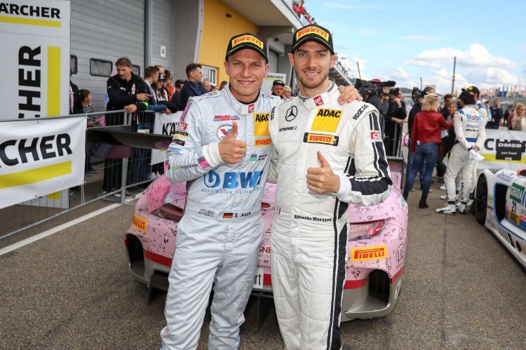 Nun die Nummer 1 im Sonntagsrennen des ADAC GT Masters auf dem Sachsenring: Sebastian Asch (li.) und Edoardo Mortara