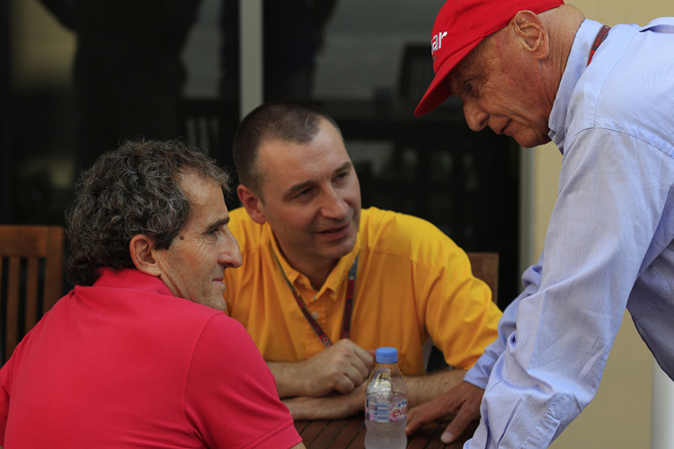Rob White mit den Formel-1-Champions Alain Prost und Niki Lauda