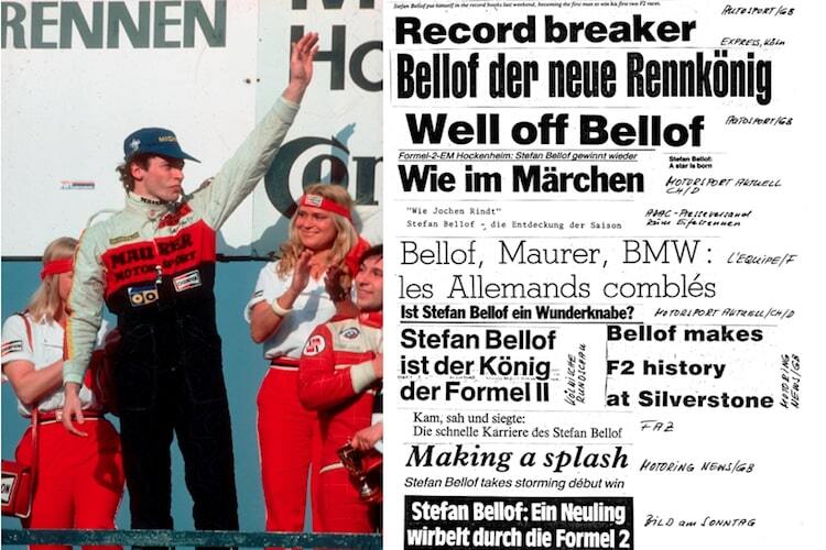 Stolzer F2-Sieger Bellof, rechts Corroda Fabi und das internationales Presse-Echo – euphorische Schlagzeilen