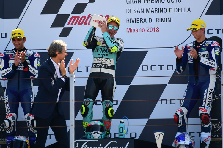 Moto3-Podest mit Jorge Martin, Sieger Lorenzo Dalla Porta und Fabio Di Giannantonio