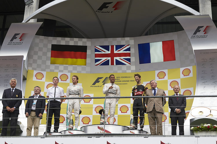 Siegerehrung in Belgien: Rosberg, Hamilton, Grosjean
