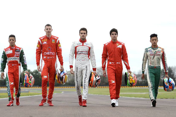 Die Ferrari-Junioren (von links nach rechts): Antonio Fuoco, Raffaele Marciello, Jules Bianchi, Lance Stroll, Zhou Guanyu