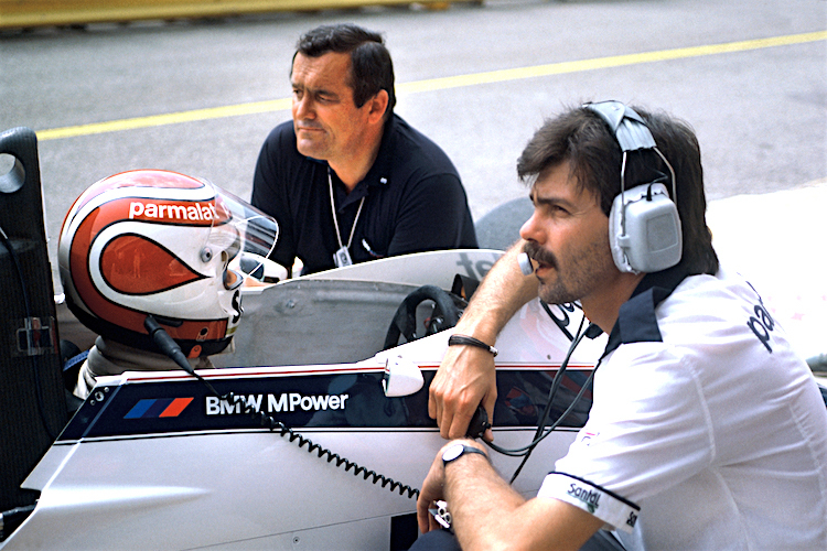 Nelson Piquet, BMW-Motorenpapst Paul Rosche (hinten) und Brabham-Konstrukteur Gordon Murray (rechts)