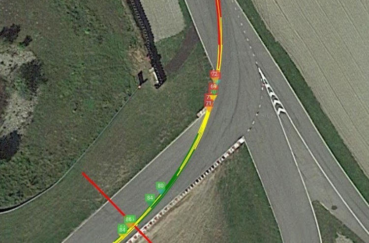 Rogers Linie im ersten Teil der Fahrerlagerkurve: Er bremst fast bis zum ersten Scheitelpunkt. (Rot = bremsen, Gelb = rollen, Grün = beschleunigen)