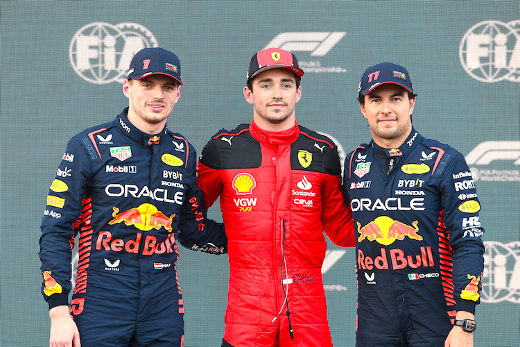 Max Verstappen, Charles Leclerc und Sergio Pérez