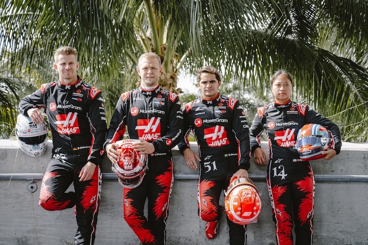 Die Haas-Fahrer Nico Hülkenberg, Kevin Magnussen, Pietro Fittipaldi und Chloe Chambers