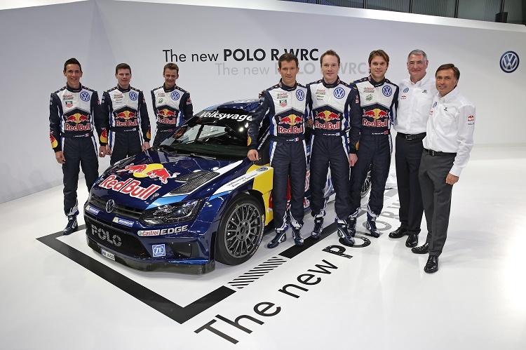 Das VW-Werkteam 2015 mit dem neuen VW Polo R WRC