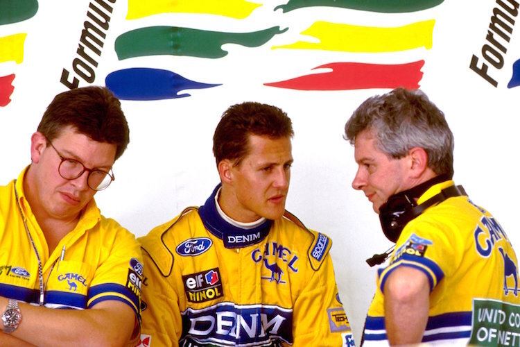 Ross Brawn, Michael Schumacher und Pat Symonds in Portugal 1993