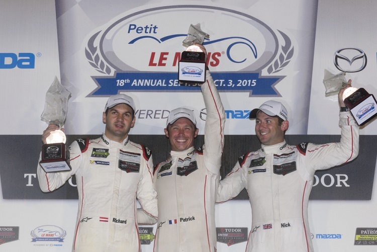 Die überglücklichen Gesamtsieger des Petit Le Mans: Richard Lietz, Patrick Pilet und Nick Tandy (v.li.)