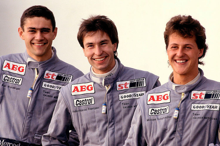 Die Mercedes-Junioren Karl Wendlinger, Heinz-Harald Frentzen und Michael Schumacher