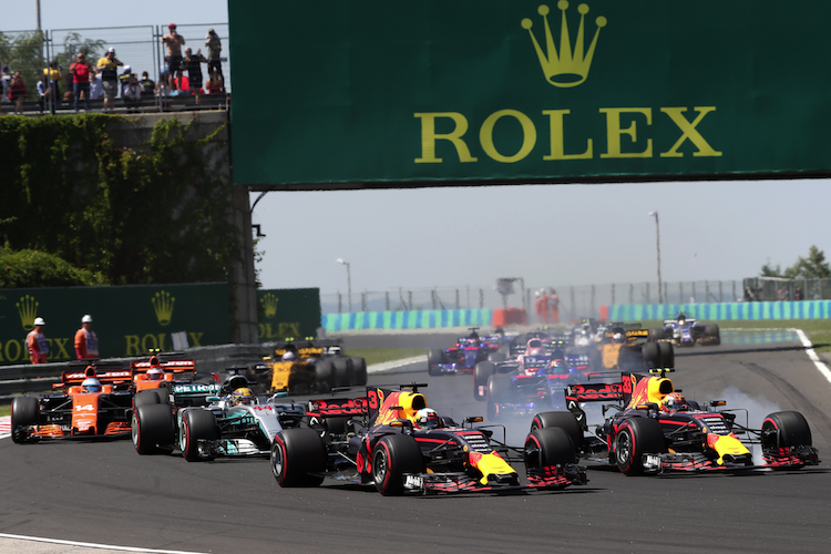 Ungarn: Max Verstappen (rechts) rutscht in Daniel Ricciardo hinein
