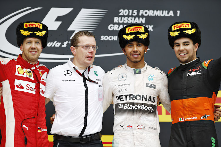 Das Podium in Sotschi: Vettel, Hamilton, Pérez