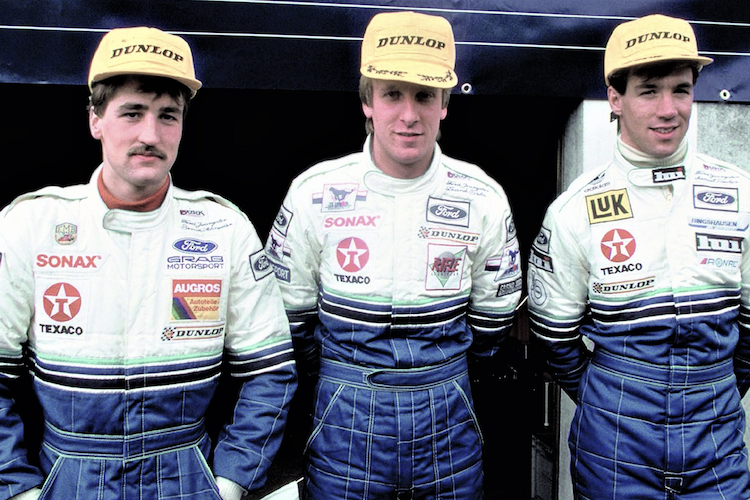 Antreten zum Gruppenbild: Ford-Youngsters Schneider, Biela, Reuter in der DTM 1987