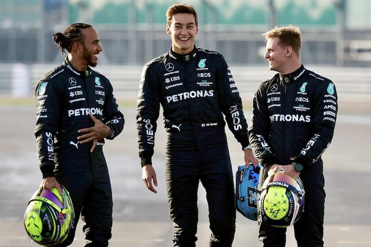 Das Mercedes-Trio Lewis Hamilton, George Russell und Mick Schumacher