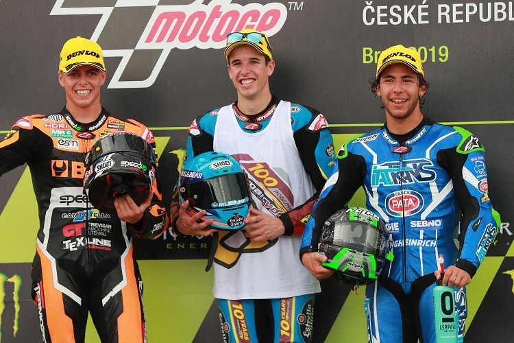 Das Moto2-Podium in Brünn: Di Giannantonio, Márquez und Bastianini