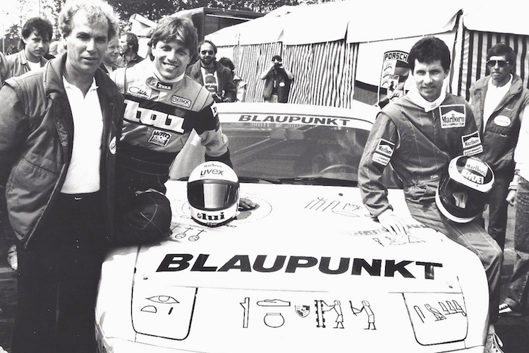 Glemser als Porsche 944 Turbo-Cup-Manager mit Gaststartern Martin Wimmer und Eddie Lawson 1986