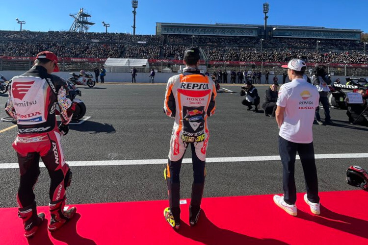 Die MotoGP-Abordnung beim Honda Racing Thanks Day: Taka Nakagami, Joan Mir und Marc Márquez