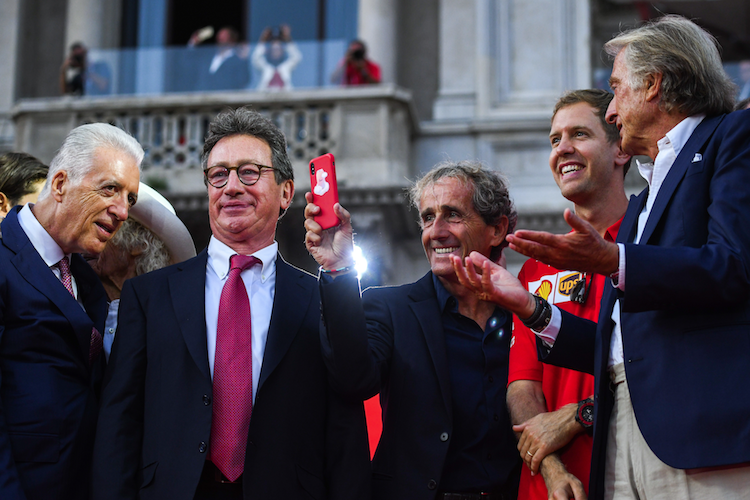 Ferrari-Feier im September 2019: Piero Ferrari, Ferrari-CEO Louis Camilleri, Alain Prost, Sebastian Vettel und Luca Montezemolo