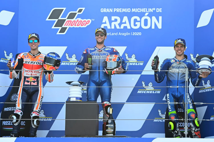 Das Podium im ersten Aragón-GP: Alex Márquez, Alex Rins und Joan Mir