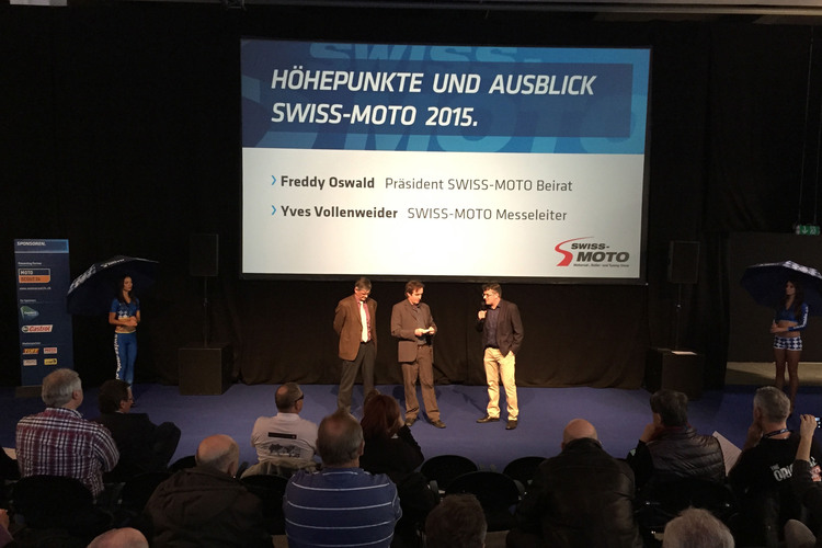 SWISS-MOTO: Freddy Oswald, Moderator Markus Lehner und Yves Vollenweider