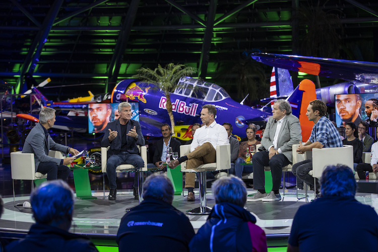 Bei ServusTV: Christian Nehiba, David Coulthard, Christian Horner, Norbert Haug und Mathias Lauda