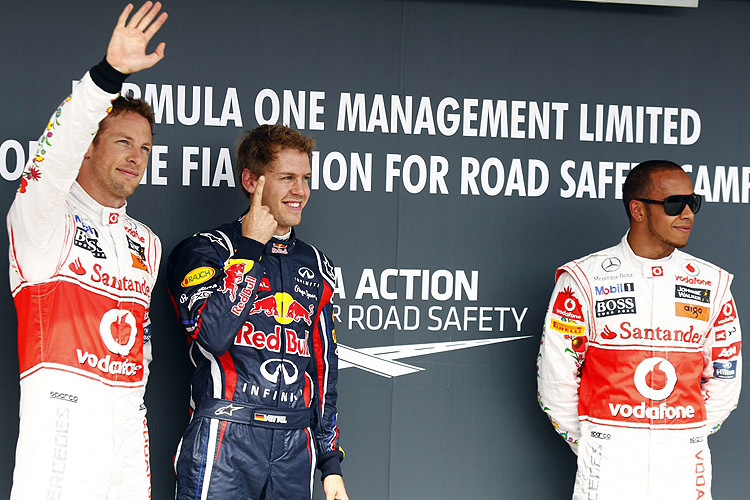 Die ersten Drei - Button, Vettel und Hamilton (v.l.)