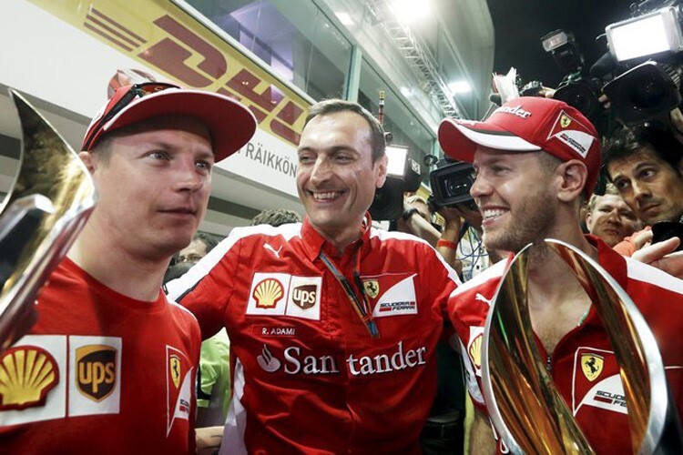 Ricciardo Adami in Singapur 2015 mit Kimi Räikkönen und Sebastian Vettel