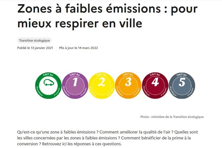 In sechs Farben: Crit'Air Vignette für die Zufahrt zu Umweltzonen in Frankreich