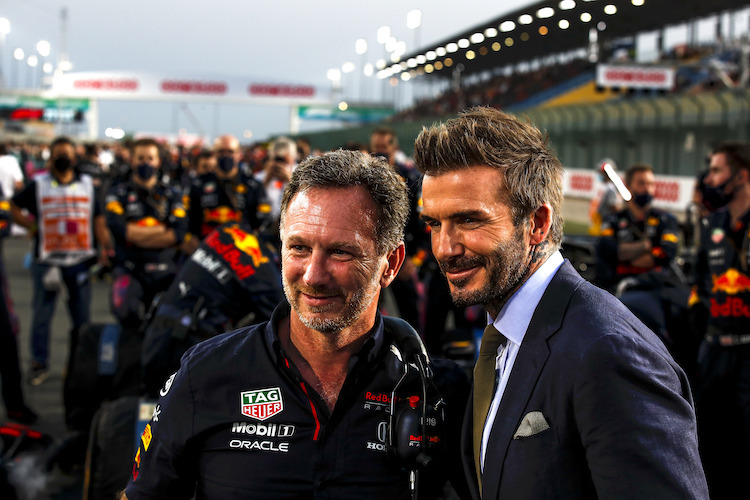 Red Bull Racing-Teamchef Christian Horner mit Fussball-Legende David Beckham