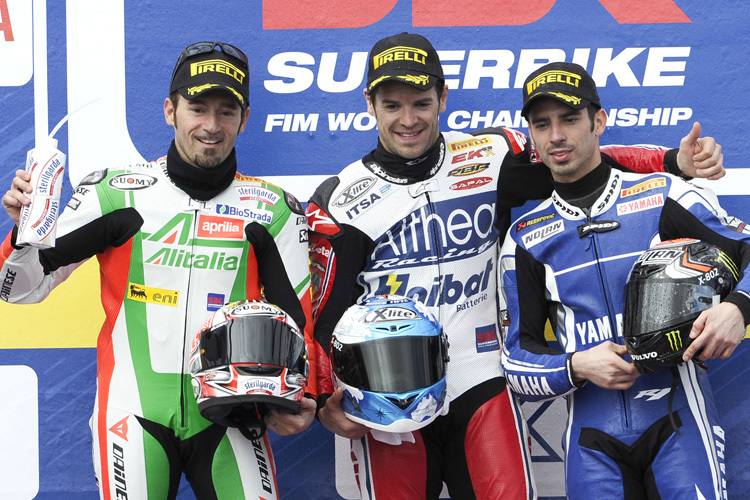 Drei ehemalige GP-Stars: Biaggi, Checa und Melandri (v.l.)