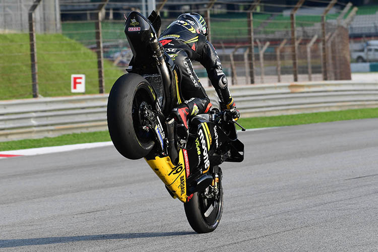 Marco Bezzecchi (Mooney VR46-Ducati) mit einem Stoppie in Sepang 