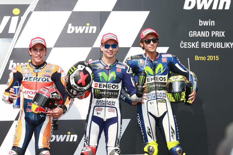 Das Brünn-Podest: Márquez, Sieger Lorenzo und Rossi als Dritter
