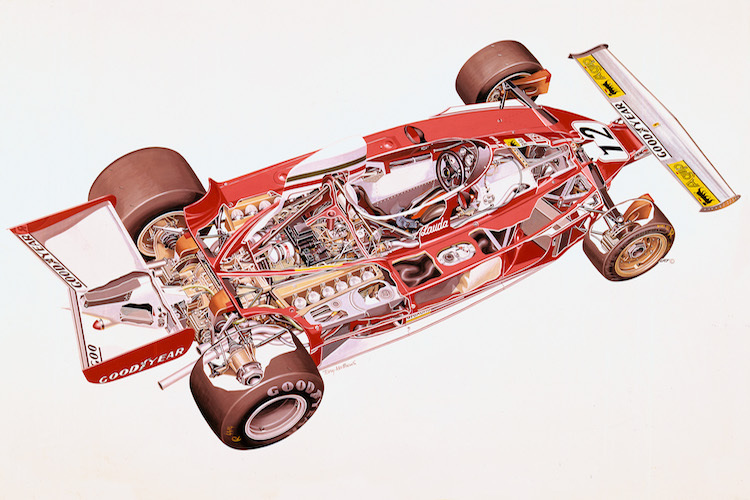 Der erste V12-Weltmeister: Niki Laudas Ferrari 312T in der Schnittzeichnung