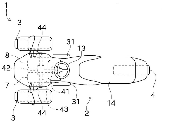 Noch eine Studie von Kawasaki: Dreirad mit Drucktanks über der Vorderachse und im Heck (4, 7, 8)