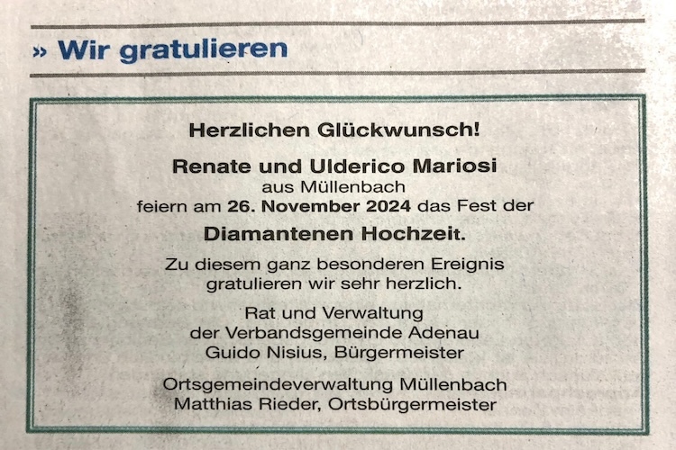 Die Gemeinde Müllenbach gratuliert zur Diamanten-Hochzeit