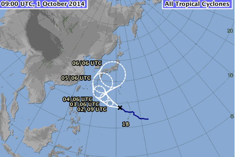 Die meteorologische Anstalt von Japan sieht diese Sturmbahn vorher