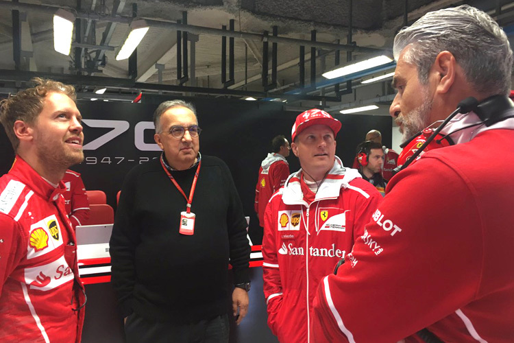 Sergio Marchionne mit Sebastian Vettel, Kimi Räikkönen und Maurizio Arrivabene