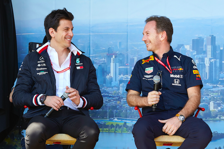 Toto Wolff (Mercedes) und Christian Horner (Red Bull Racing-Honda) 2019 in Melbourne