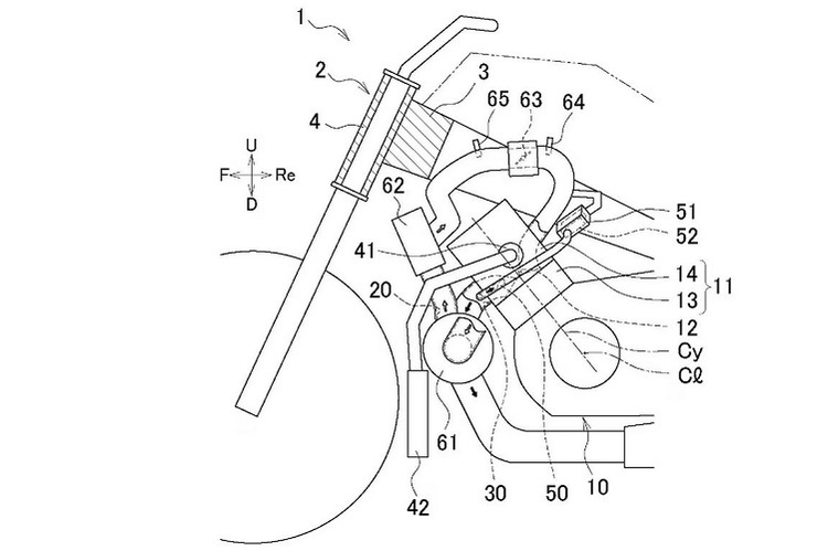Yamaha: E-Turbo (61) mit Ladeluftkühler (62) zwecks Downsizing auch beim Motorrad