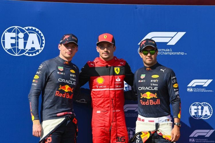 Max Verstappen, Charles Leclerc & Sergio Perez