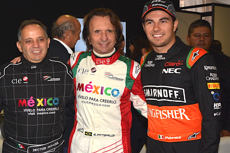 Rebaque (links) als Botschafter des Mexiko-GP mit Emerson Fittipaldi und Sergio Pérez