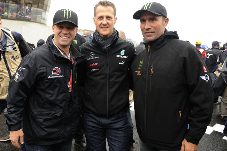 Randy Mamola 2012 in Le Mans mit Schumi und Dakar-Held Peterhansel