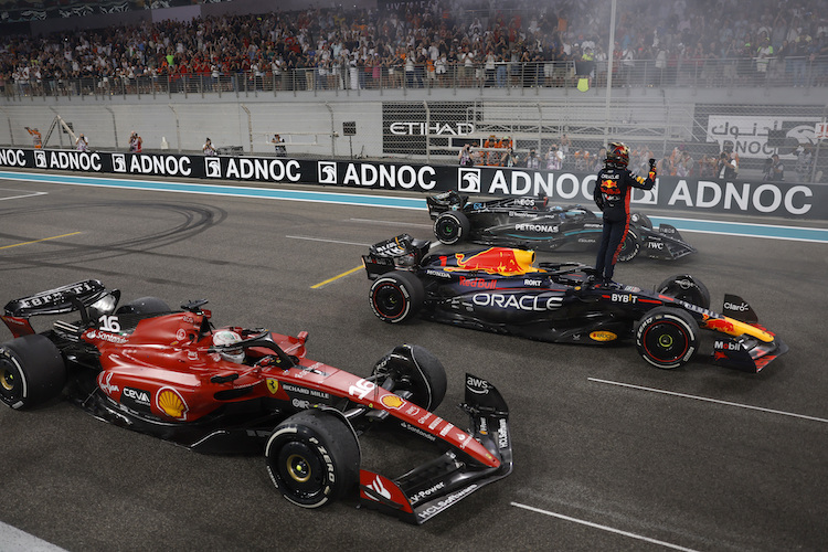 Charles Leclerc, Max Verstappen und George Russell nach dem Abu Dhabi-GP