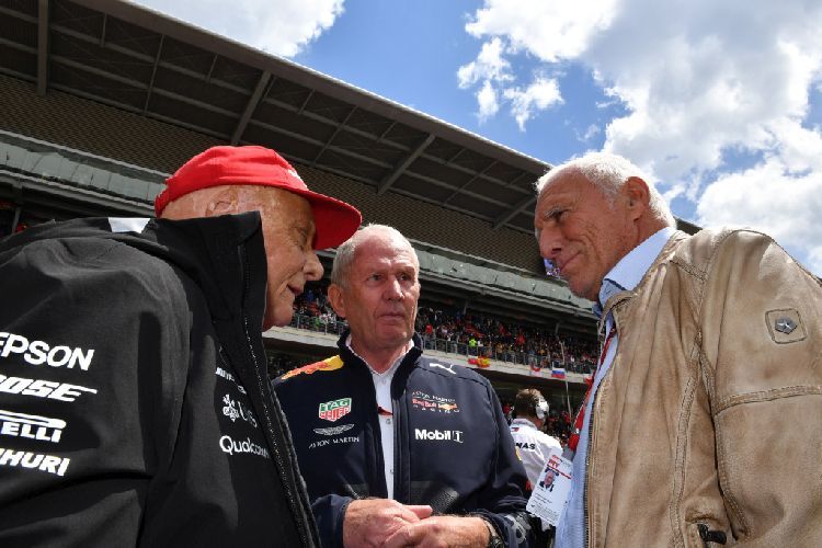 Niki Lauda, Dr. Helmut Marko und Dietrich Mateschitz 2018 beim Spanien-Grand-Prix