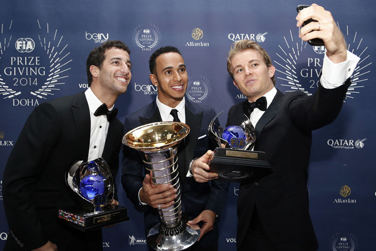 Daniel Ricciardo, Lewis Hamilton, Nico Rosberg – die ersten Drei der Formel-1-WM 2014