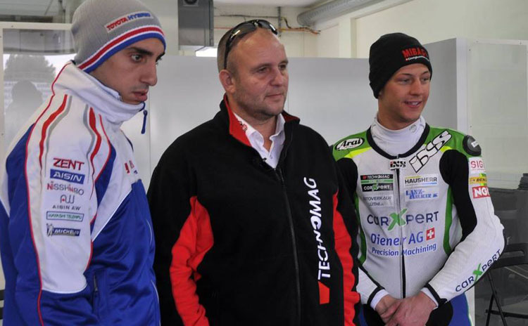 F1-Pilot Buemi (li.) mit Technomag-Teamchef Corminboeuf und Aegerter
