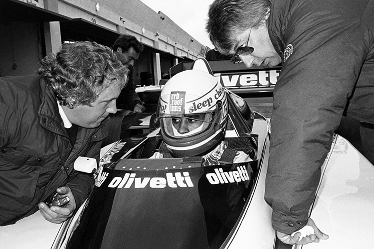Whiting (links) und Blash 1985 am Brabham, bei Testfahrten von Willy T. Ribbs