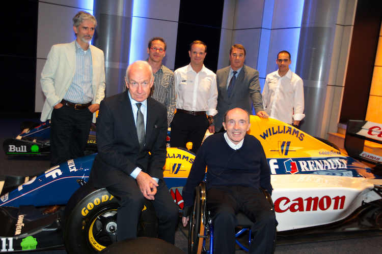 Williams 2011 bei der Verkündung eines neuen Renault-Abkommens: Hinten, von links, Damon Hill, Jacques Villeneuve, Rubens Barrichello, Nigel Mansell und Pastor Maldonado